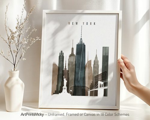 Framed art print of the New York City skyline featuring notable buildings and the Statue of Liberty.