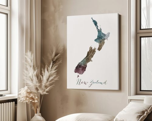 Map of New Zealand in watercolor style with labeled regions and a decorative font.
