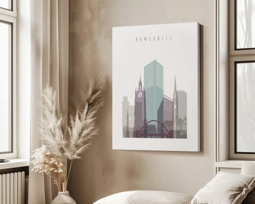 Stylized illustration of Newcastle cityscape featuring notable buildings and structures.
