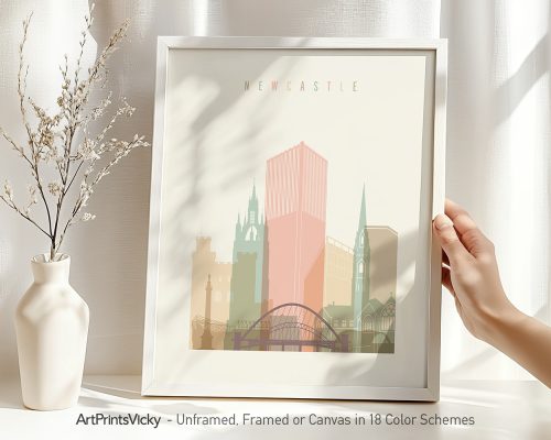 Art print of Newcastle cityscape featuring notable buildings in a minimalist style.