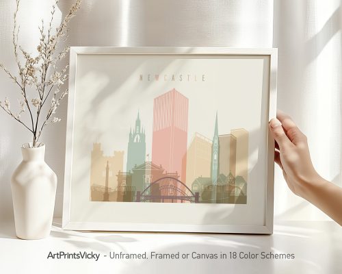 Illustration of a Newcastle cityscape featuring notable buildings in soft colors.