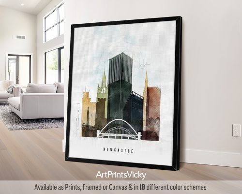 Framed artwork depicting a cityscape of Newcastle with notable buildings and structures.