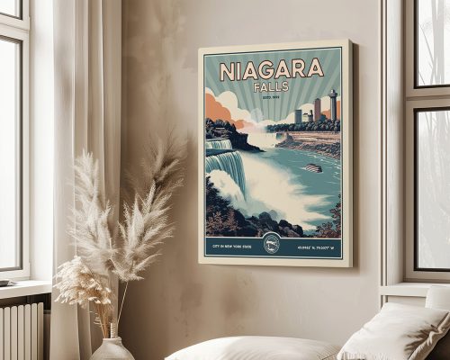 Retro-style poster of Niagara Falls featuring a boat and city skyline in the background.