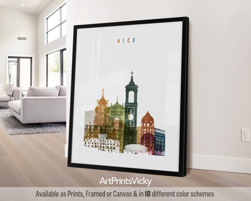Framed artwork featuring a stylized depiction of Nice with architectural elements in various colors.