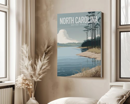 Art print depicting a serene landscape of North Carolina with water and trees.