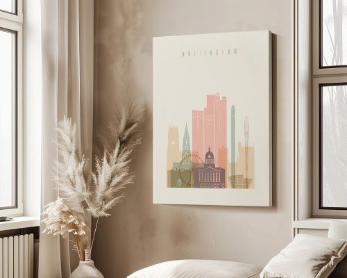 Art print featuring a stylized cityscape of Nottingham with various buildings and landmarks.