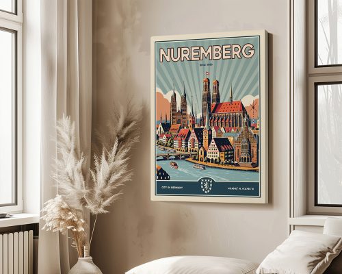 Retro art print of Nuremberg featuring buildings and a river in a colorful design.