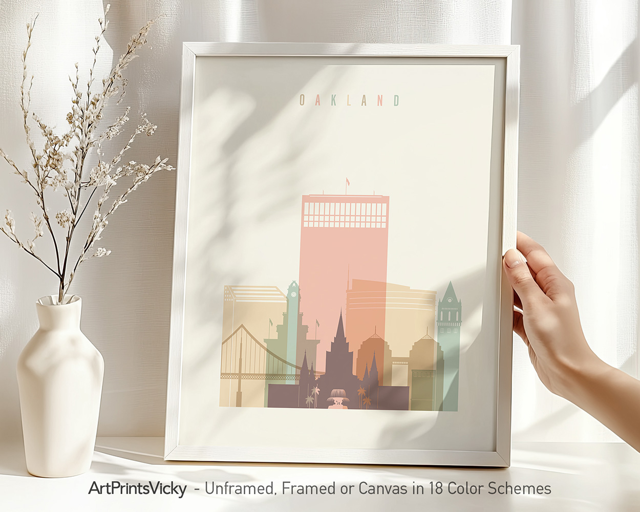 Art print featuring a stylized cityscape of Oakland with various buildings and a pastel color palette.
