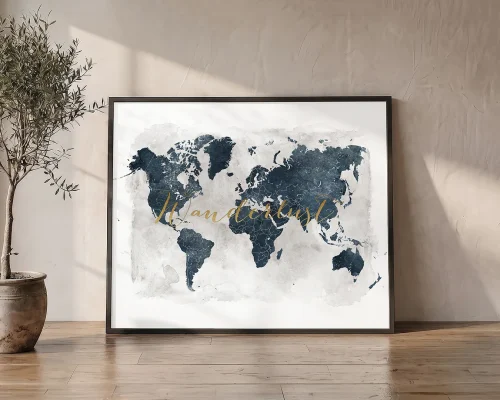 Ocean Depths Dark Blue Watercolor World Map Art | ArtPrintsVicky