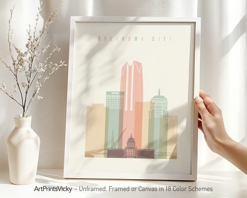 Art print featuring a stylized illustration of Oklahoma City's skyline with pastel colors.