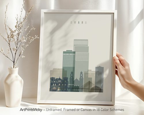 Art print of Omaha cityscape featuring various buildings in muted colors within a frame.