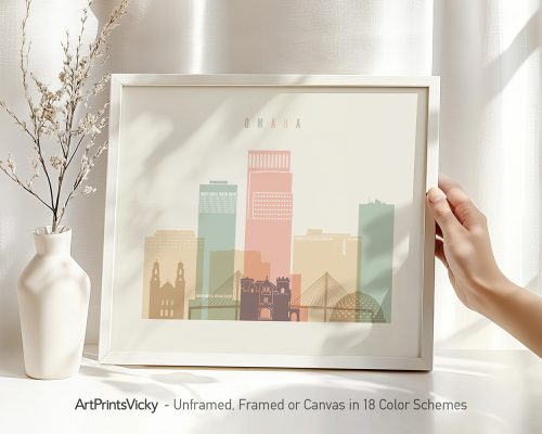 Art print of the Omaha city skyline featuring various buildings in pastel colors.