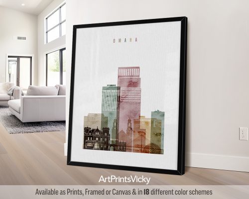 Art print featuring a stylized cityscape of Omaha with buildings and structures in various colors.