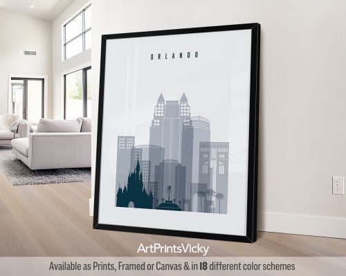 Framed art print of the Orlando city skyline featuring buildings in gray tones.