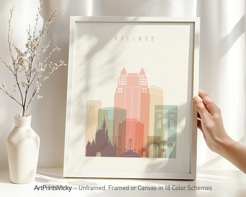 Art print featuring a stylized skyline of Orlando with pastel colors and the text 'Orlando' at the top.