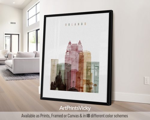Art print featuring a stylized depiction of the Orlando city skyline with various colors.