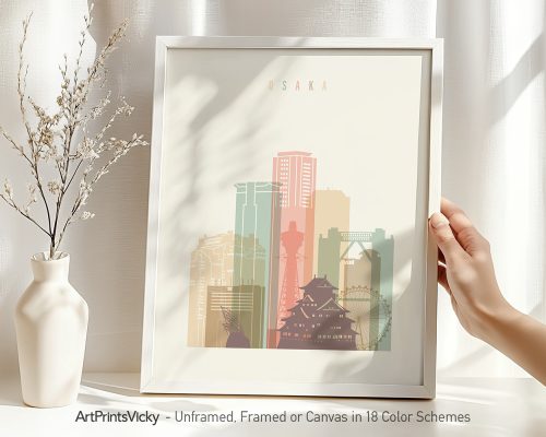 Art print featuring a stylized cityscape of Osaka with various buildings and structures.