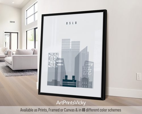 Framed print of Oslo city skyline featuring various buildings in a minimalist design.