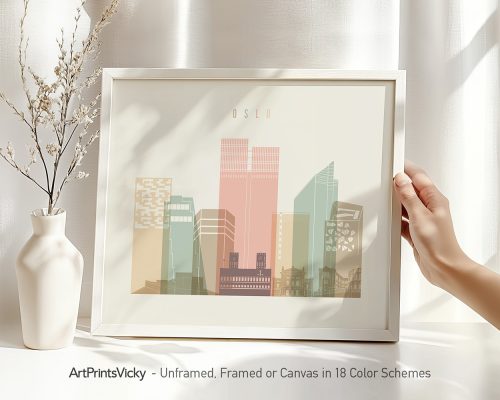 Art print of a stylized Oslo cityscape in pastel colors with a hand holding the frame.