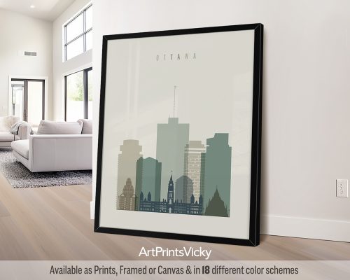 Art print featuring a stylized cityscape of Ottawa with notable buildings and skyline.
