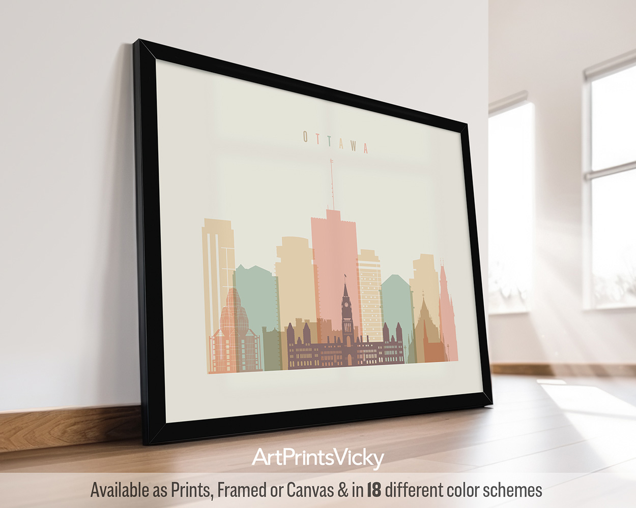 Art print featuring a stylized skyline of Ottawa with various building silhouettes.