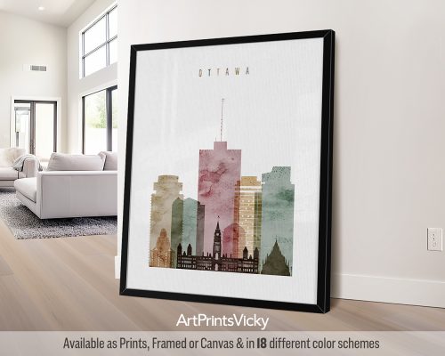 Artistic representation of Ottawa's skyline featuring various buildings in a watercolor style.
