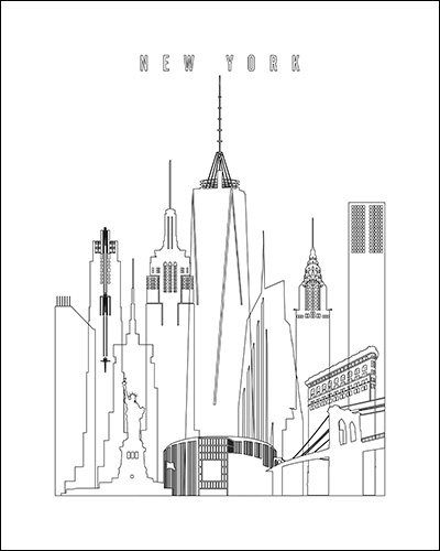 Line art illustration of the New York City skyline featuring iconic buildings and structures.