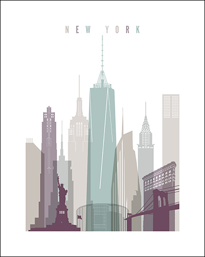 Illustration of New York City skyline featuring iconic buildings and the Statue of Liberty.