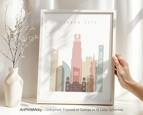 Art print featuring stylized buildings of Panama City in pastel colors within a frame.