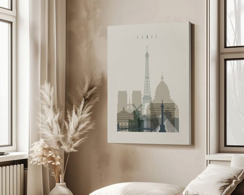 Art print featuring a silhouette of Paris landmarks including the Eiffel Tower and other buildings.