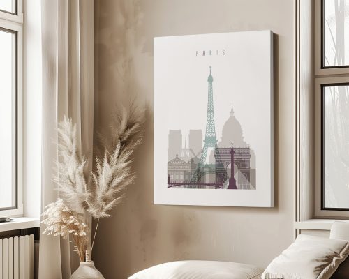 Art print featuring the Eiffel Tower and Paris skyline with muted colors on a wall.