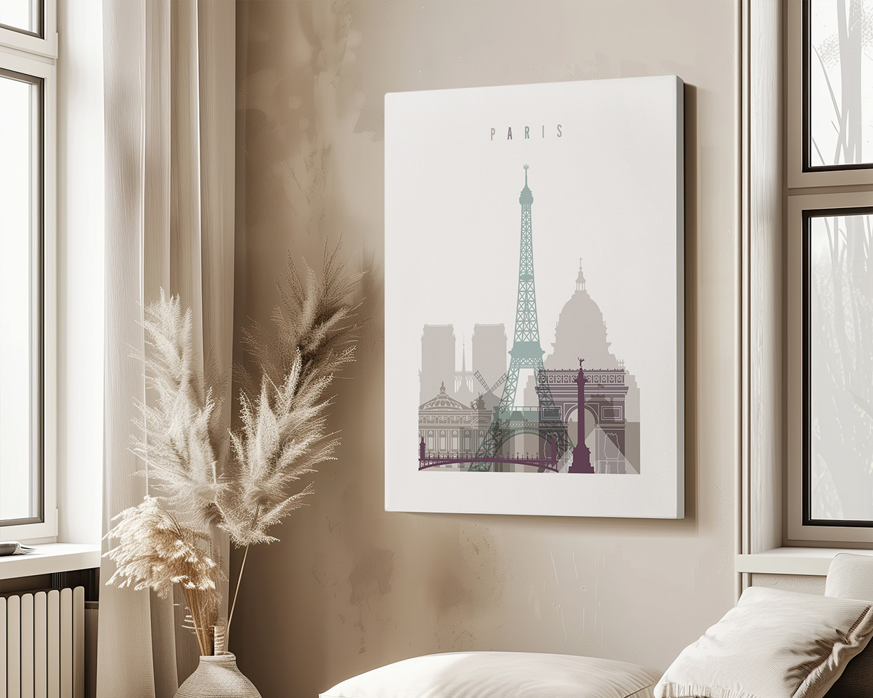 Art print featuring the Eiffel Tower and Paris skyline with muted colors on a wall.