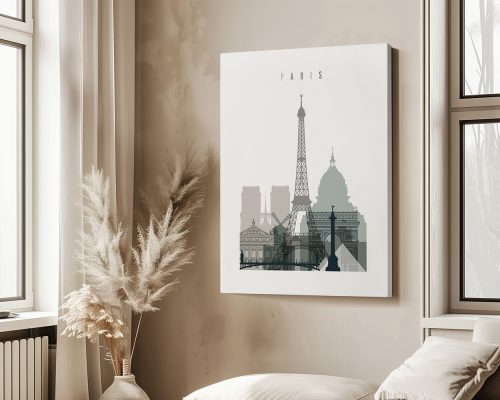 Silhouette artwork featuring iconic Paris landmarks including the Eiffel Tower and the Louvre.
