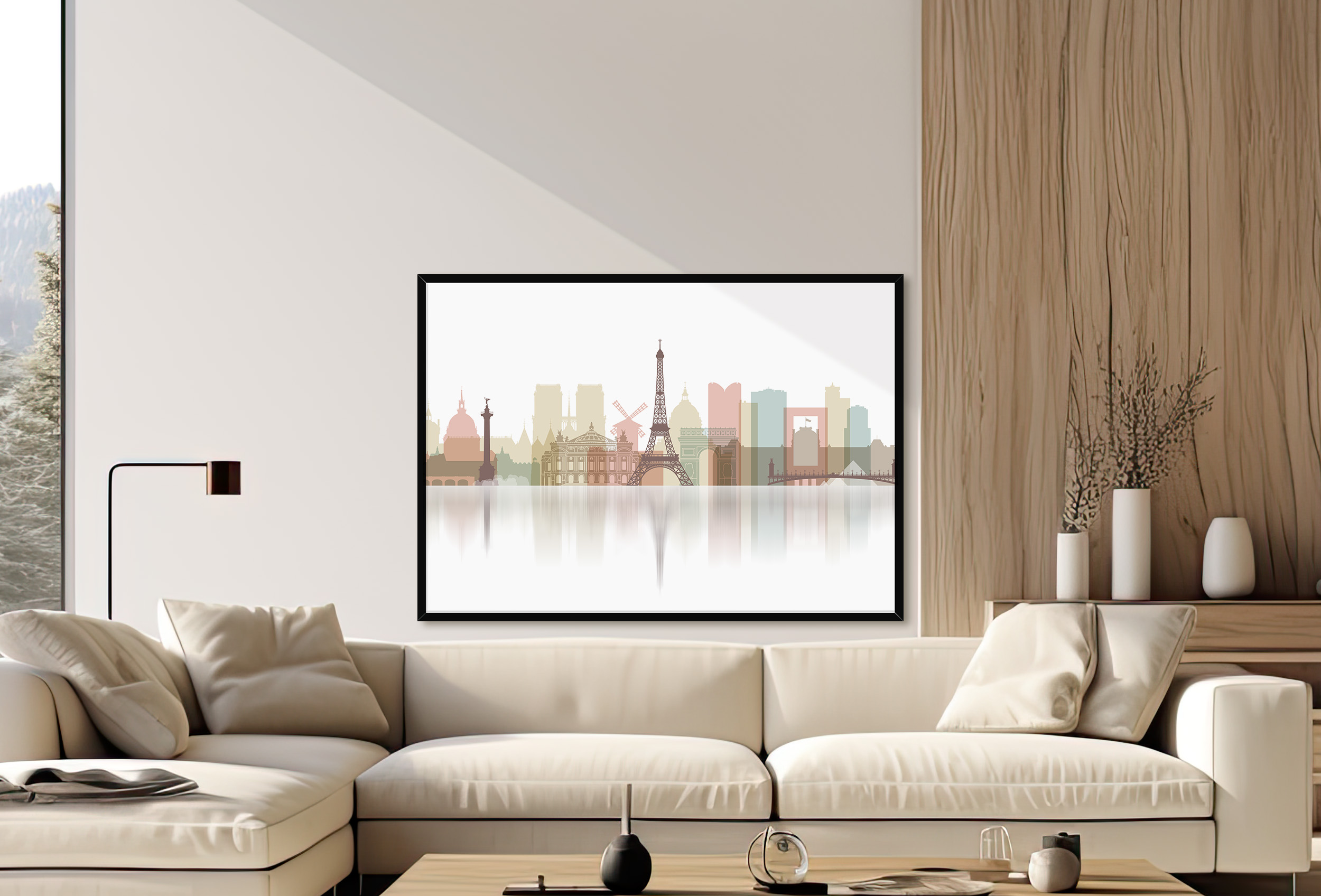 Illustration of a Paris cityscape featuring iconic landmarks like the Eiffel Tower and a river reflection.