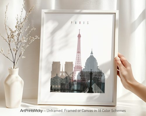 Art print featuring a cityscape of Paris with the Eiffel Tower and other landmarks.