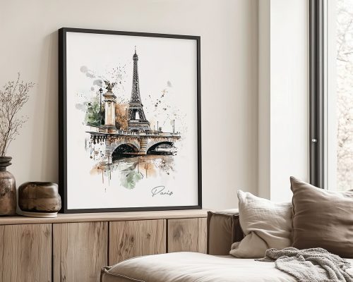Art print featuring the Eiffel Tower and a bridge in a watercolor style with splashes of color.