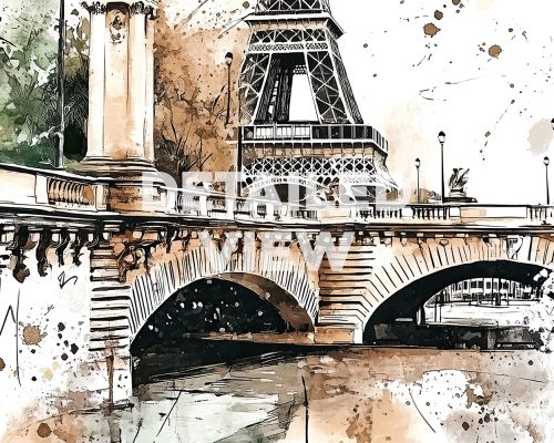 Illustration of the Eiffel Tower with a bridge in the foreground, featuring watercolor splashes.