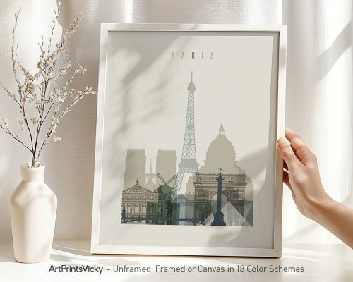 Art print featuring a stylized cityscape of Paris with notable landmarks including the Eiffel Tower.