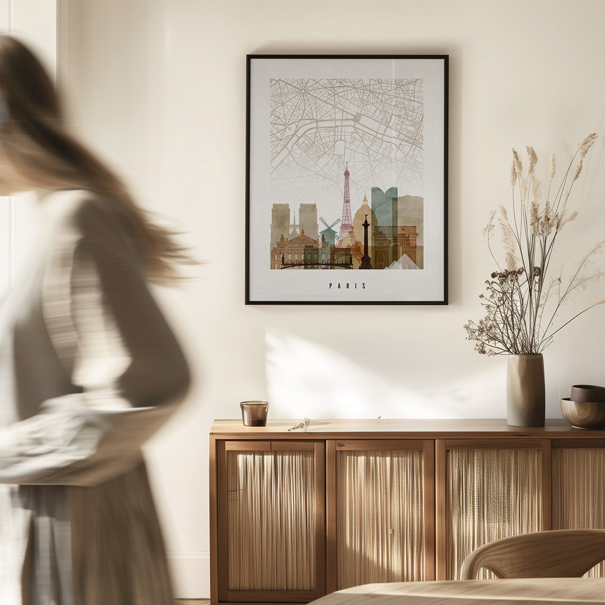 Artistic map poster of Paris featuring key landmarks and a detailed layout.