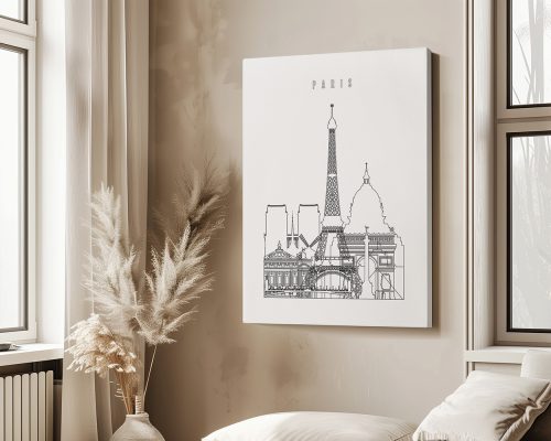 Line art illustration of Paris landmarks including the Eiffel Tower and other buildings.