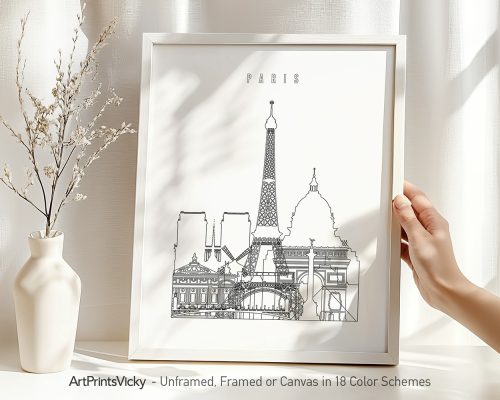 Line art illustration of iconic Paris landmarks including the Eiffel Tower and the Louvre.