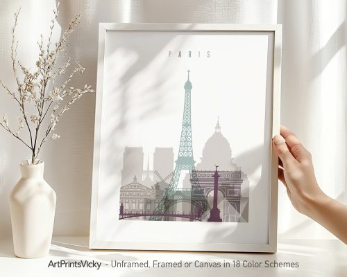 Art print featuring a stylized cityscape of Paris with the Eiffel Tower and other landmarks.