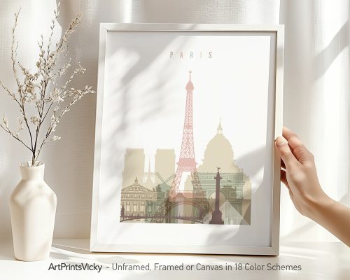 Art print featuring a stylized depiction of Paris with the Eiffel Tower and other landmarks.