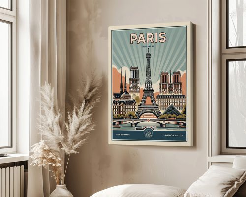 Retro art print featuring the Eiffel Tower and Parisian landmarks with a colorful background.