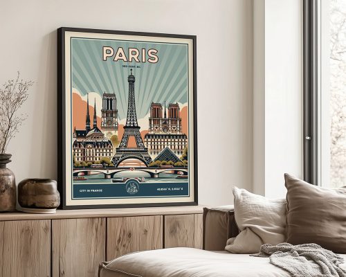 Retro travel poster of Paris featuring the Eiffel Tower and classic cars in a stylized design.