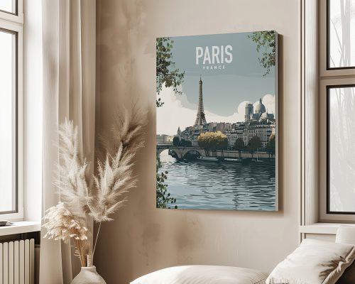 Art print of Paris featuring the Eiffel Tower and a river view with buildings in the background.