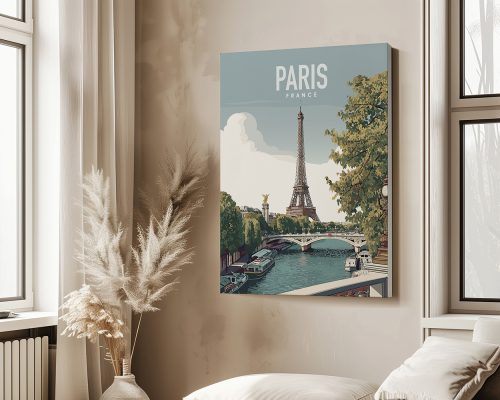 Art print of Paris featuring the Eiffel Tower and a river with boats in the foreground.