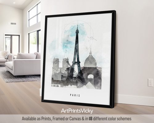 Framed artwork featuring a stylized depiction of the Eiffel Tower and Paris skyline.