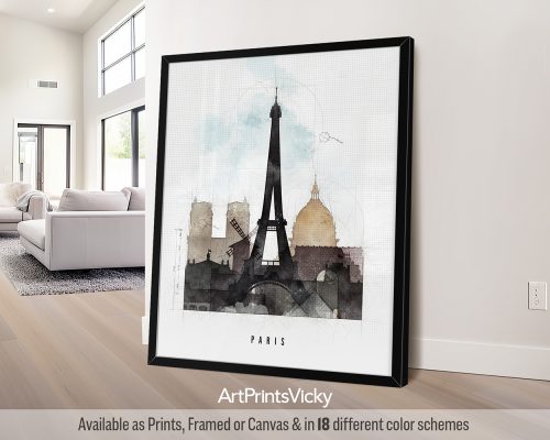 Art print featuring the Eiffel Tower with a watercolor effect and a city skyline in the background.