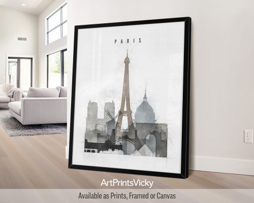 Framed artwork depicting a cityscape of Paris with the Eiffel Tower and other landmarks.